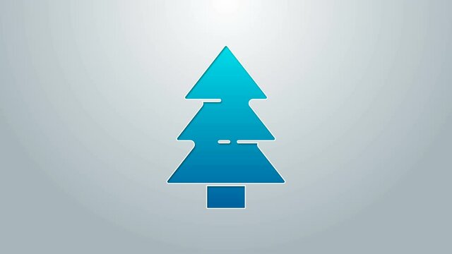 Blue line Christmas tree icon isolated on grey background. Merry Christmas and Happy New Year. 4K Video motion graphic animation