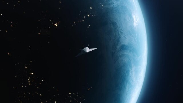 space shuttle flies off planet earth. concept of space technology and colonization of other planets