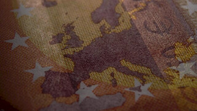 Europe map on banknote Fifty euro macro shot. Euro zone concept. Play light