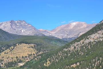 Fototapeta na wymiar Rocky Mountain National Park in early fall. Twin peak mountains and bright blue sky near Estes Park.