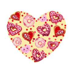 Heart made of sweets and confetti. Watercolor illustration for postcards, menus, invitations, scrapbooking. Hand drawing