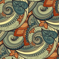 Seamless Pattern with Vintage Floral Motifs. Endless Texture with Flowers and Leaves. Nature Inspired Ornament. Swatch for Fabric Textile, Wrapping Paper, Wallpaper. Vector Contour Illustration