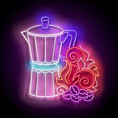 Glow Geyser Coffee Maker and Roasted on Fire Coffee Beans. Cafe Label, Morning Drink. Neon Poster, Flyer, Banner, Invitation. Glossy Background. Vector 3d Illustration
