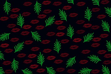 Illustration lips and leaf seamless pattern background. Digital painting