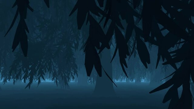 Recorrido nocturno por bosque de &aacute;rboles con niebla visto desde el suelo, escena 3d
