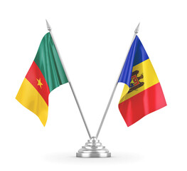 Moldova and Cameroon table flags isolated on white 3D rendering