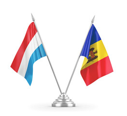 Moldova and Luxembourg table flags isolated on white 3D rendering