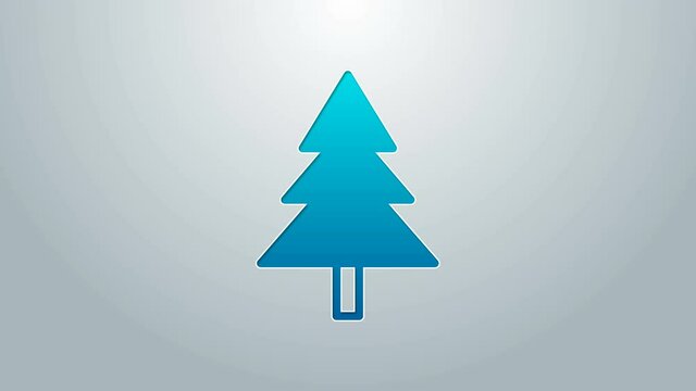 Blue line Christmas tree icon isolated on grey background. Merry Christmas and Happy New Year. 4K Video motion graphic animation