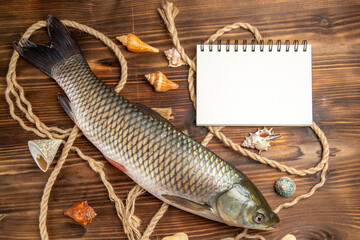 top view fresh fish with ropes on wooden desk dish food seafood ocean