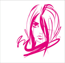 VECTOR Background with a
stylish  original hand-drawn graphics portrait  with beautiful young attractive girl model for design