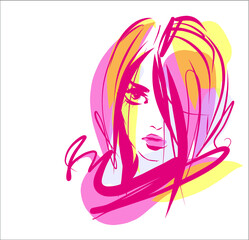 VECTOR Background with a
stylish  original hand-drawn graphics portrait  with beautiful young attractive girl model for design. 