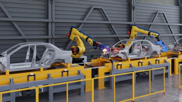 Car frame on slide conveyor on the Automobile Plant with Spot Welding Robots.