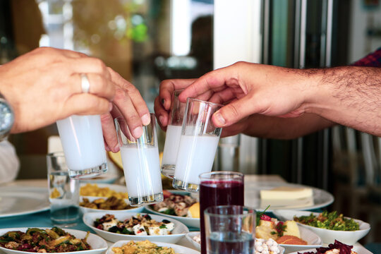 Turkish and Greek Traditional Dinning Table with Special Alcohol Drink Raki. Ouzo and Turkish Raki is a dry anise flavoured aperitif that is widely consumed in Turkey, Greece, Cyprus and Lebanon