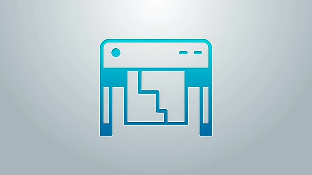 Blue line Plotter icon isolated on grey background. Large format multifunction printer. Polygraphy, printshop service. 4K Video motion graphic animation