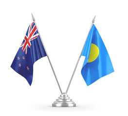Palau and New Zealand table flags isolated on white 3D rendering