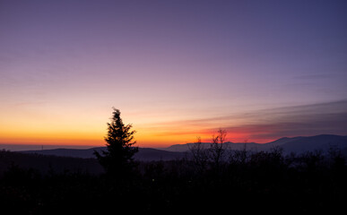 sunset on the hills of the French Riviera back country in winter
