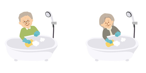 風呂掃除をするシニアのイラスト