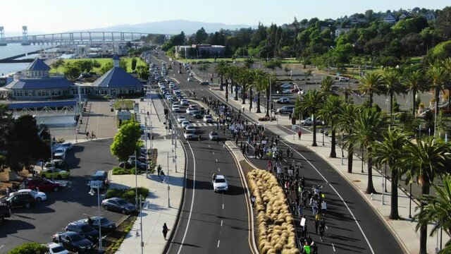 Black lives matter protesters blocking streets in Vallejo drone long view