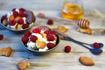 Delicious dessert with mascarpone cheese, raspberries and cookies.