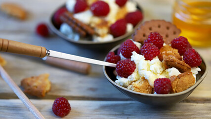 Delicious dessert with mascarpone cheese, raspberries and cookies.