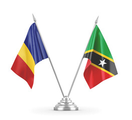 Saint Kitts and Nevis and Romania table flags isolated on white 3D rendering