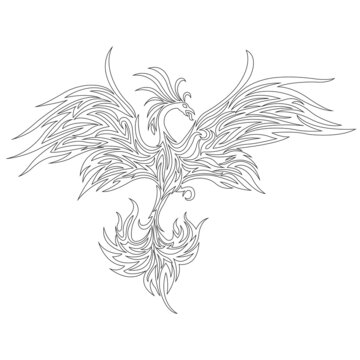 Phoenix bird in flight outline. Design for bird tattoo, decor, firebird logo, coloring book, clothing design emblem, sticker, album, paper, sticker, banner, print on a t-shirt. Vector isolated