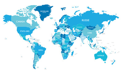 Political World Map vector illustration with different tones of blue for each country and country names in french. Editable and clearly labeled layers. - obrazy, fototapety, plakaty
