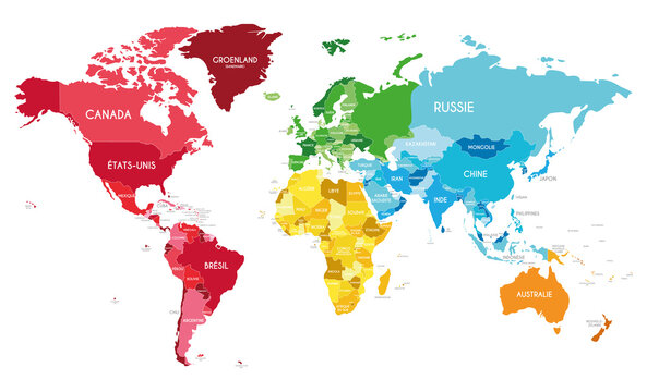 Political World Map vector illustration with different colors for each continent and different tones for each country, and country names in french. Editable and clearly labeled layers.