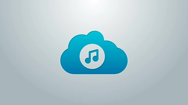 Blue line Music streaming service icon isolated on grey background. Sound cloud computing, online media streaming, song, audio wave. 4K Video motion graphic animation