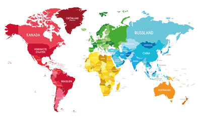 Political World Map vector illustration with different colors for each continent and different tones for each country, and country names in german. Editable and clearly labeled layers.