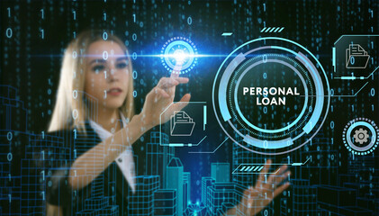 Business, Technology, Internet and network concept. Young businessman working on a virtual screen of the future and sees the inscription: Personal loan