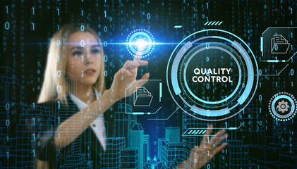 Business, Technology, Internet and network concept. Young businessman working on a virtual screen of the future and sees the inscription: Quality control