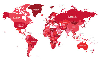 Political World Map vector illustration with different tones of red for each country and country names in german. Editable and clearly labeled layers.