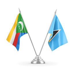 Saint Lucia and Comoros table flags isolated on white 3D rendering