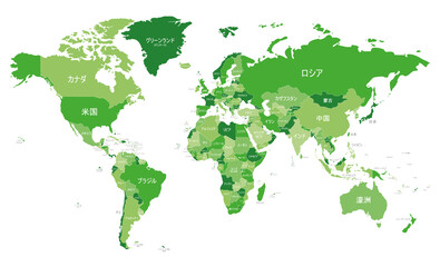 Political World Map vector illustration with different tones of green for each country and country names in japanese. Editable and clearly labeled layers.