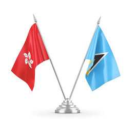 Saint Lucia and Hong Kong table flags isolated on white 3D rendering