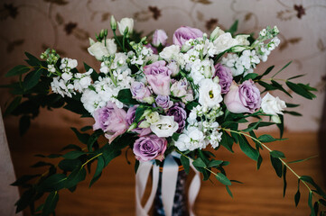 Bouquet flower in the vase in room. Home decor.