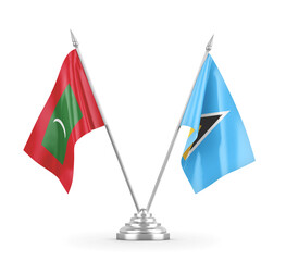 Saint Lucia and Maldives table flags isolated on white 3D rendering