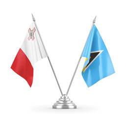 Saint Lucia and Malta table flags isolated on white 3D rendering