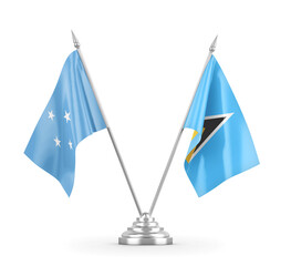 Saint Lucia and Micronesia table flags isolated on white 3D rendering