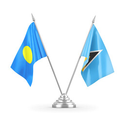 Saint Lucia and Palau table flags isolated on white 3D rendering