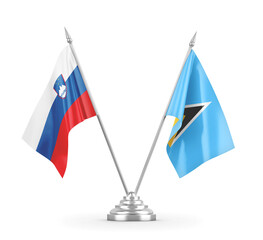 Saint Lucia and Slovenia table flags isolated on white 3D rendering