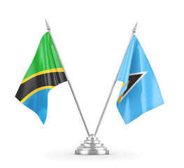 Saint Lucia and Tanzania table flags isolated on white 3D rendering
