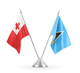 Saint Lucia and Tonga table flags isolated on white 3D rendering