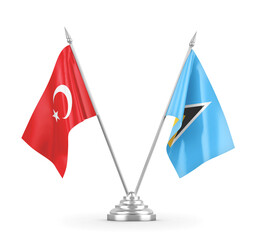 Saint Lucia and Turkey table flags isolated on white 3D rendering