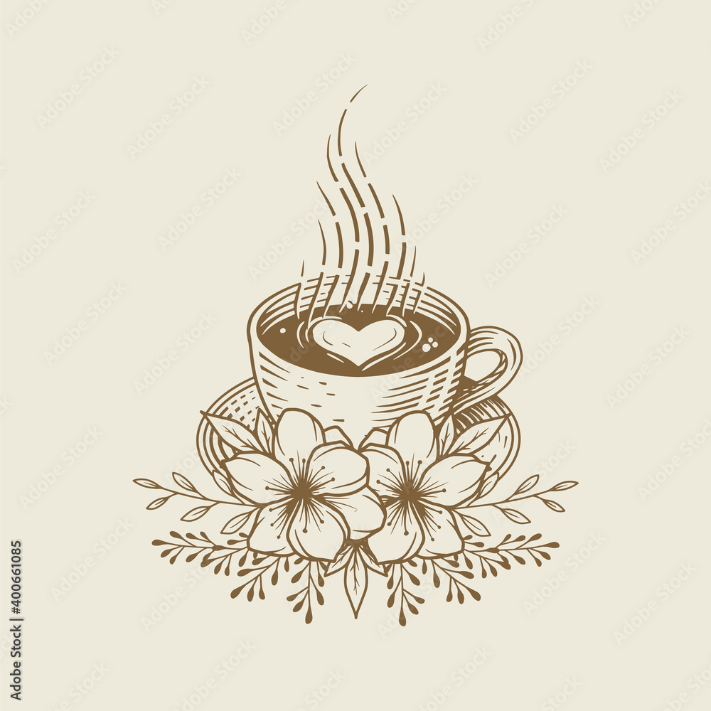 Wall mural cup of coffee latte with flower ornament. vintage ink sketch drawing technique. vector and illustrat