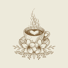 Cup of coffee latte with flower ornament. Vintage ink sketch drawing technique. Vector and illustration.