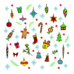 Hand drawn Merry Christmas and Happy New Year set. Doodle cartoon elements: fir tree, balls and toys decorations, gift boxes, stars, snowflakes, gingerbread colorful icons. Winter and holiday design