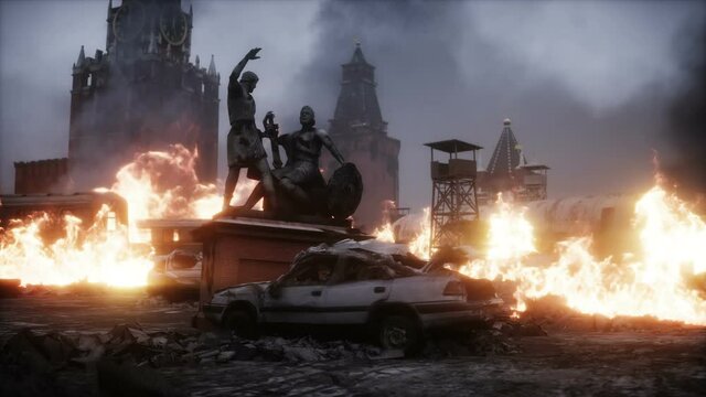 Russian apocalypsis. burning ruined Moscow city. Armageddon view. Realistic fire simulation. 4K animation.
