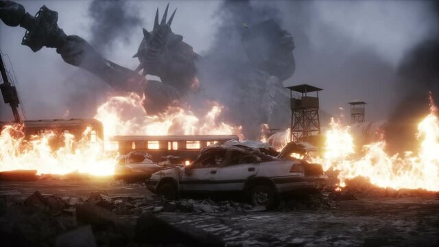 America apocalypsis. burning ruined apocalyptic city. Armageddon view. Realistic fire simulation. 4K animation.